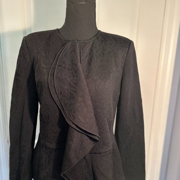 St. John Black Jacquard Peplum Jacket with draped Ruffle Front, Sz 6 - Picture 1 of 9